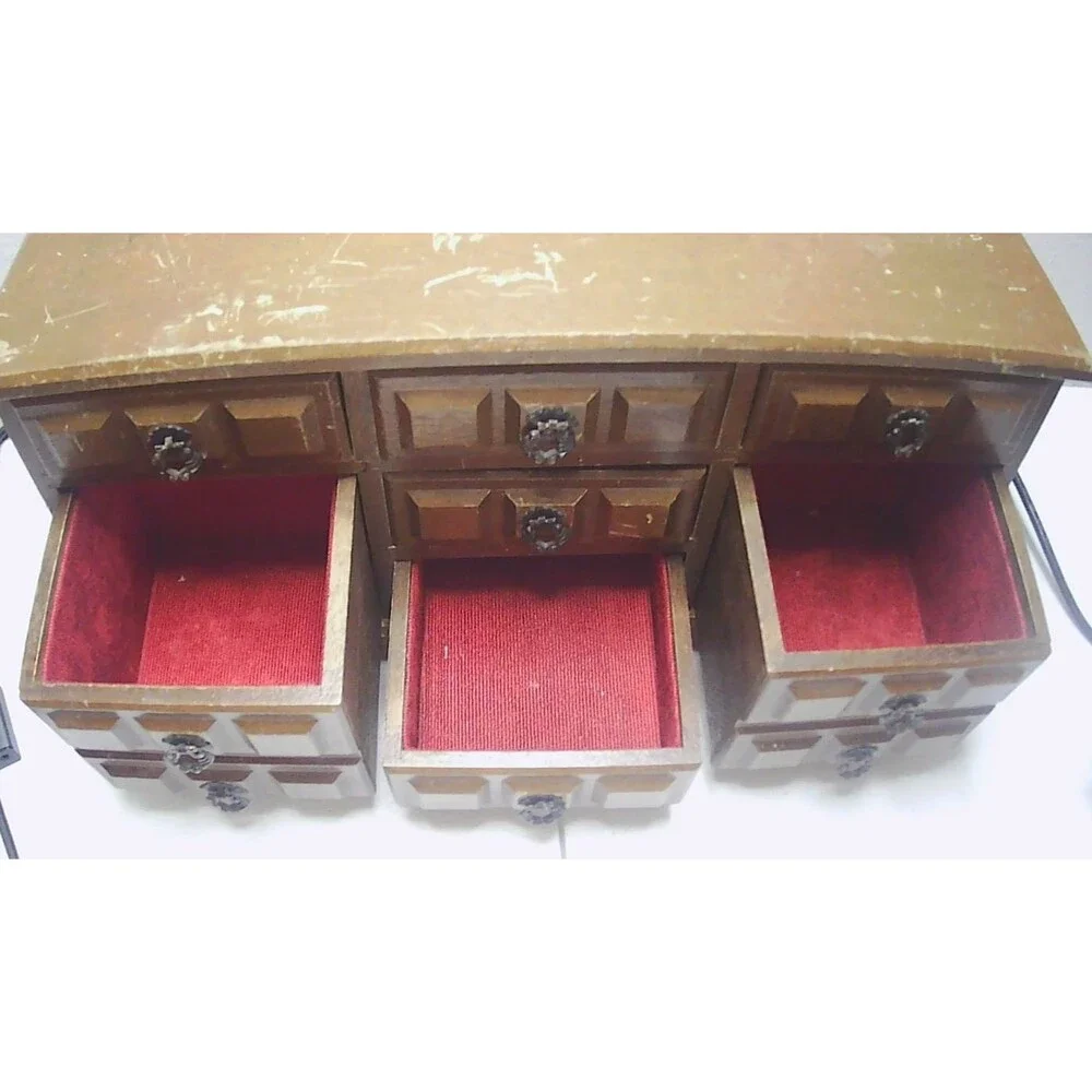 Apco 7 Drawer Dresser Style Jewelry Music Box Vintage Red Velvet Lined Drawers